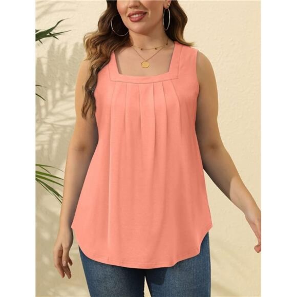 Summer Tank Tops for Women Loose Fit Pleated Square Neck Sleeveless Tops Curved - Picture 5 of 6